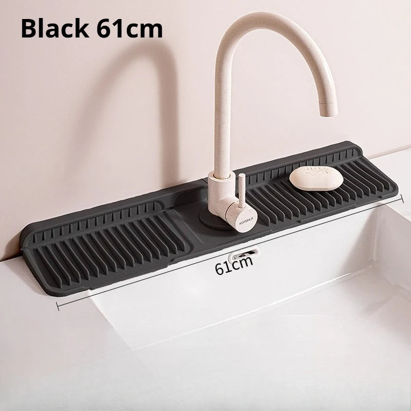 Black 61cm foldable silicone sink splash mat with a curved faucet