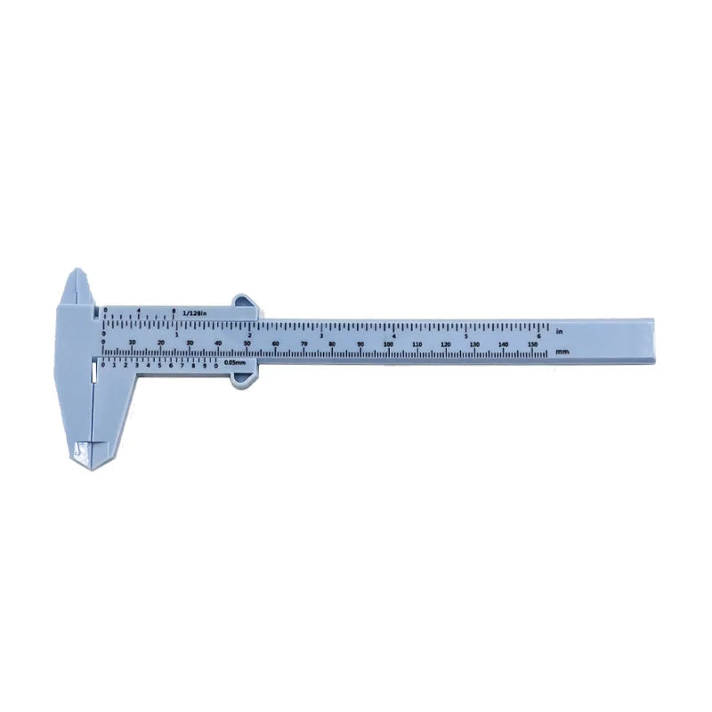 A light blue precision plastic vernier caliper measuring tool with a scale marked in millimeters.