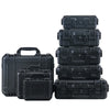 A stack of black waterproof hard carry cases for tool and sponge storage.
