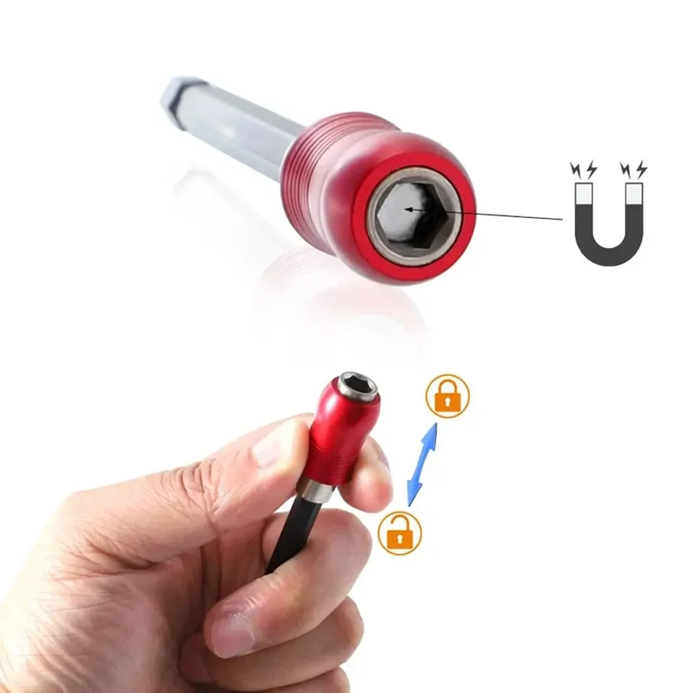 A hand holds an adjustable socket extension bar set with a red and silver barrel and a U-shaped tip.