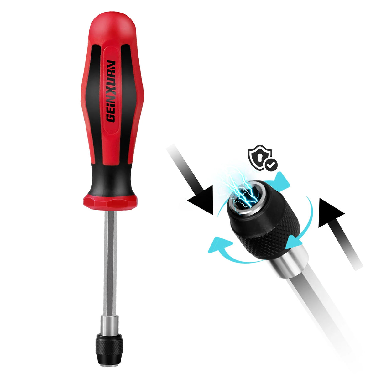 A red and black magnetic interchangeable screwdriver tool with a metal shaft.
