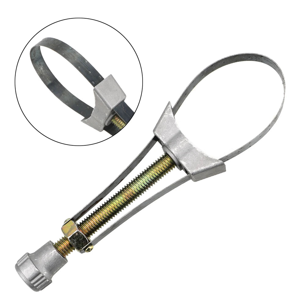 A silver adjustable tool used for removing car oil filters, shown with a close-up view of the mechanism.