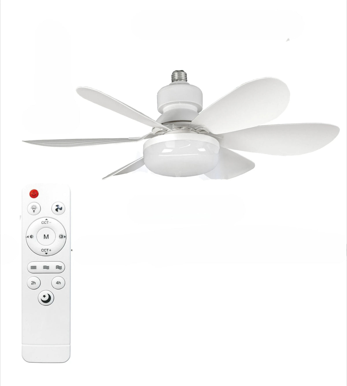 A white dimmable LED ceiling fan light with a remote control visible against a white background.