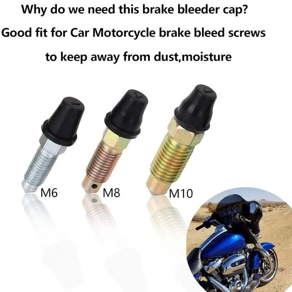 A set of brake bleeder caps in various sizes M6, M8, and M10 shown for use with motorcycle brake screws.