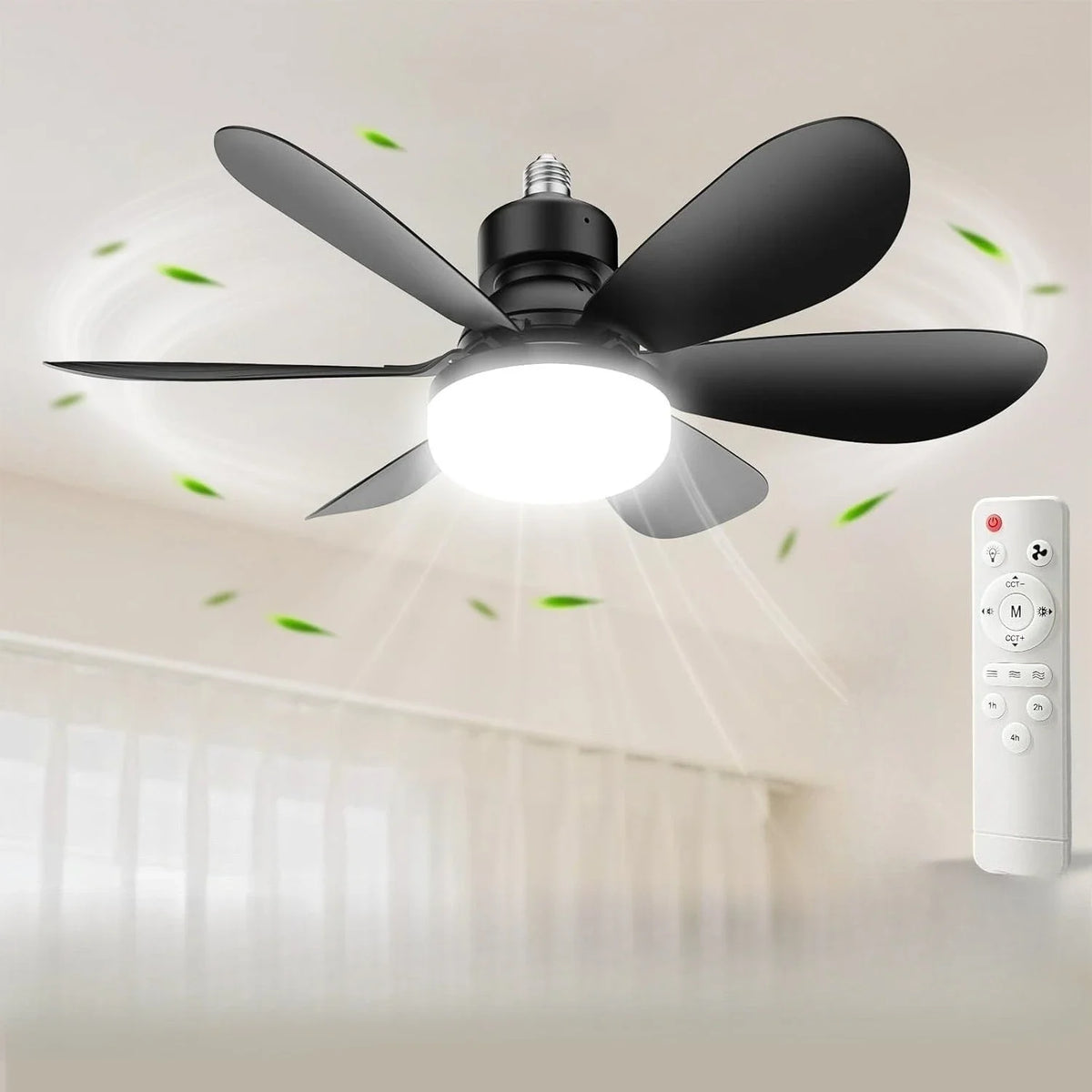 A black dimmable LED ceiling fan light is mounted on the ceiling, with a white remote control visible nearby.