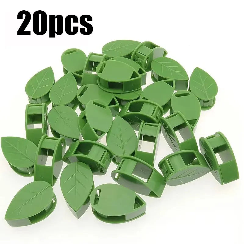 Pila de veinte clips de hojas verdes autoadhesivos para soporte de plantas.