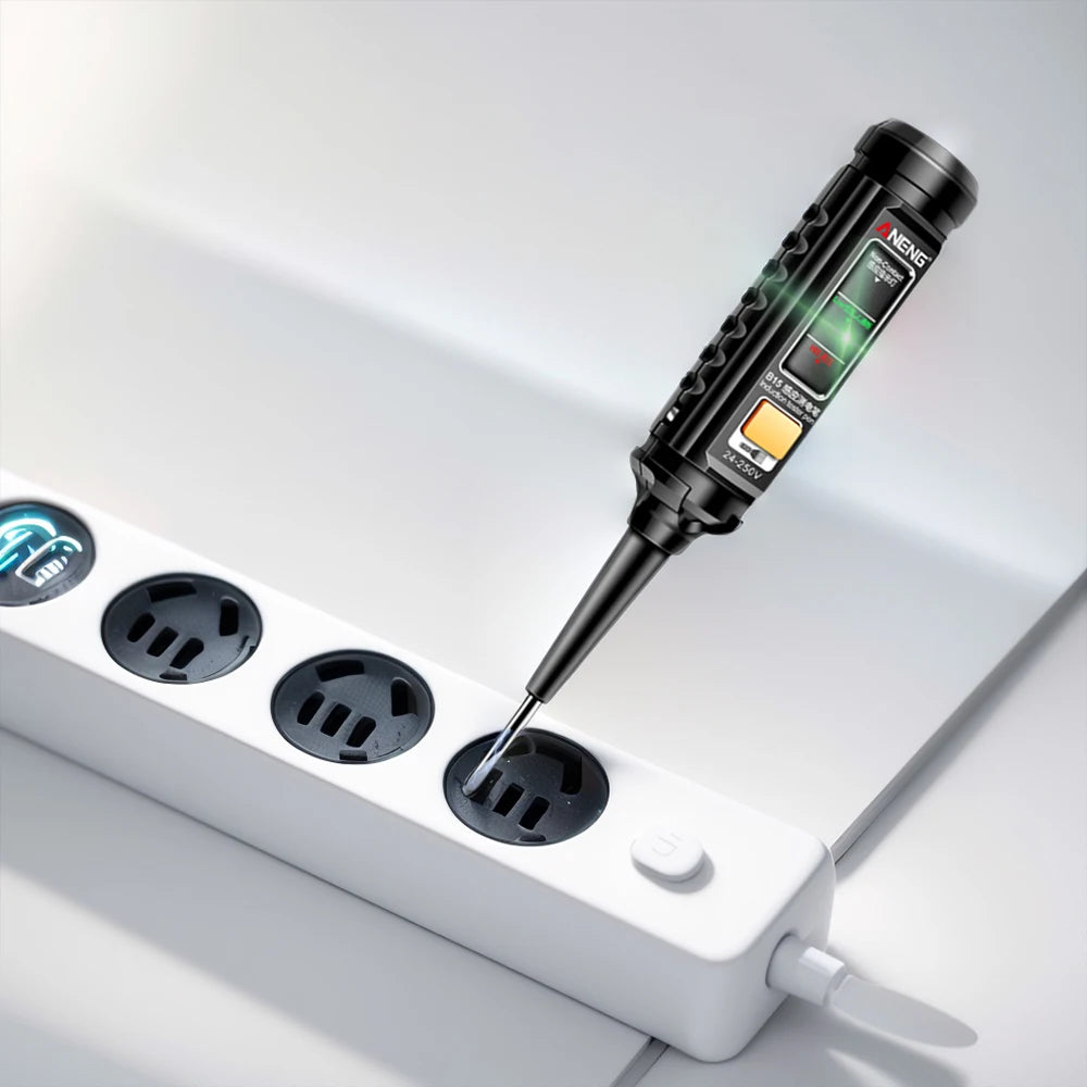 A black professional AC voltage detection pen is shown pointed at a white device.