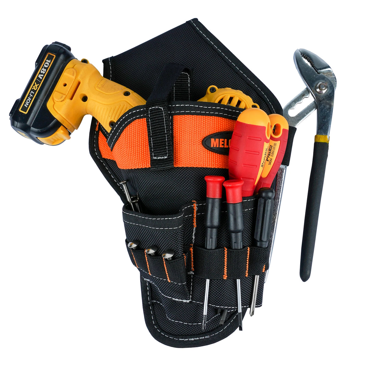A black and orange heavy-duty holster for a cordless drill, holding various drill bits.
