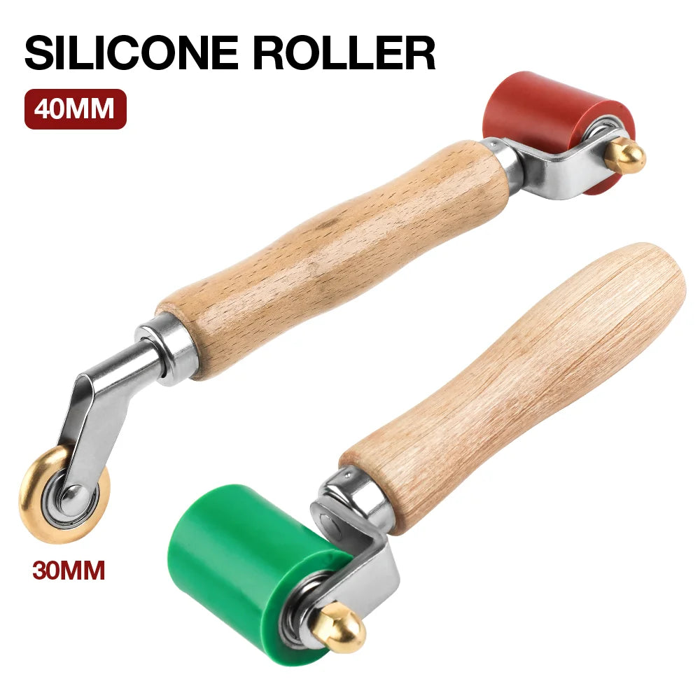 A silicone roller tool with a wooden handle and metal mechanism, showing two sizes 40mm and 30mm.