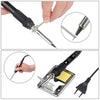 Close-up view of an adjustable digital soldering iron with a tip and power cord.