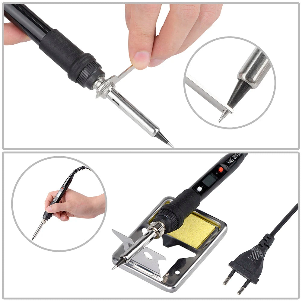 Close-up view of an adjustable digital soldering iron with a tip and power cord.