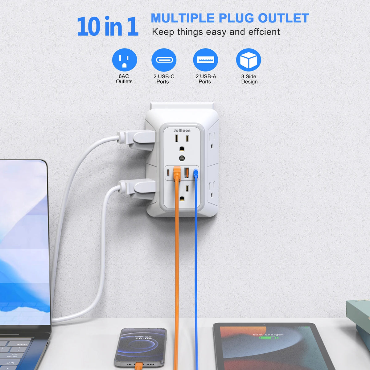 A white 10 in 1 multiple plug outlet with 6 AC outlets, 2 USB-C ports, 2 USB-A ports, and a 3 side design plugged into a wall