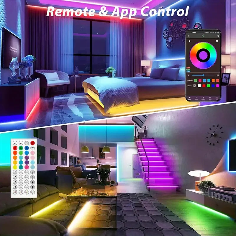 A modern living room features various color changing RGB LED strip lights illuminating furniture, walls, and stairs.