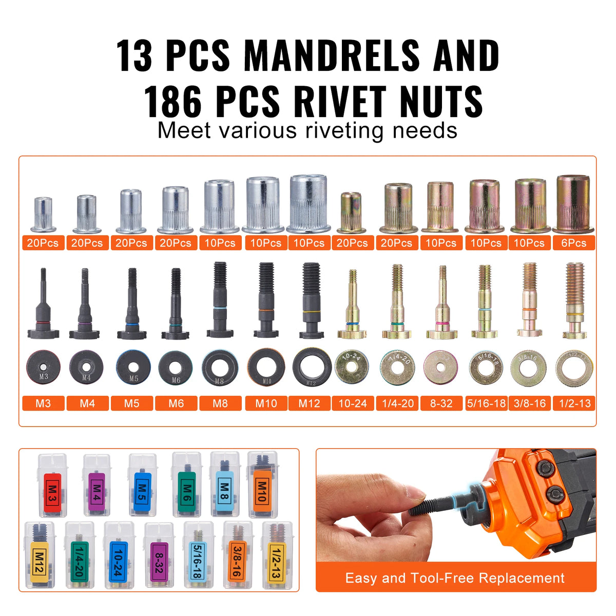 A set of 13 mandrels and 186 rivet nuts for riveting needs with various sizes and a tool-free replacement feature.