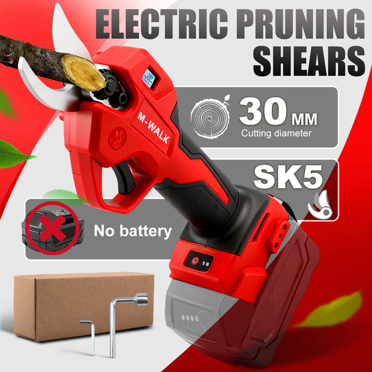 Red electric pruning shears with a cutting diameter of 30 mm and model SK5 shown next to a battery.