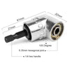 A silver right angle drill adapter with a 1/4 hex handle and various dimension markings.