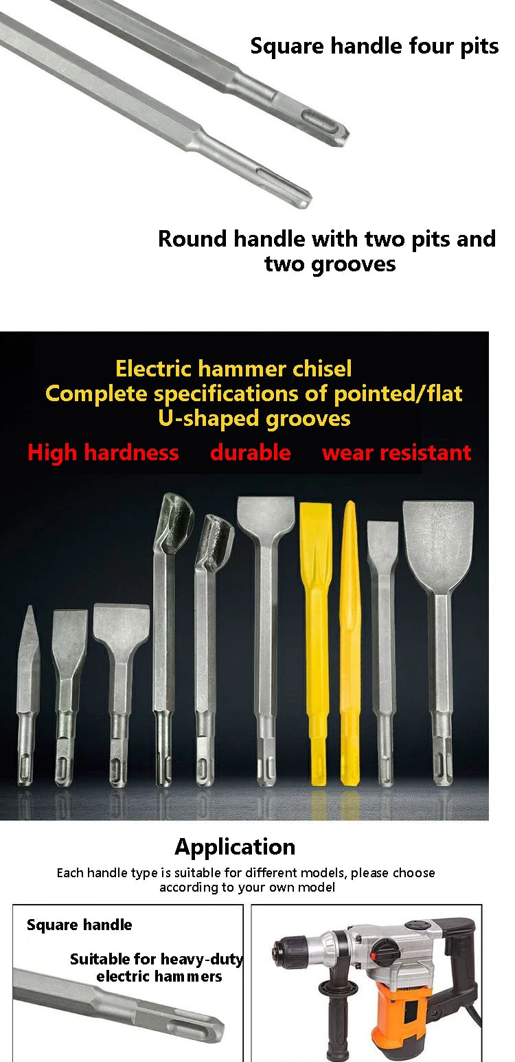Various electric hammer chisels with square, round, and U-shaped handles shown for different models