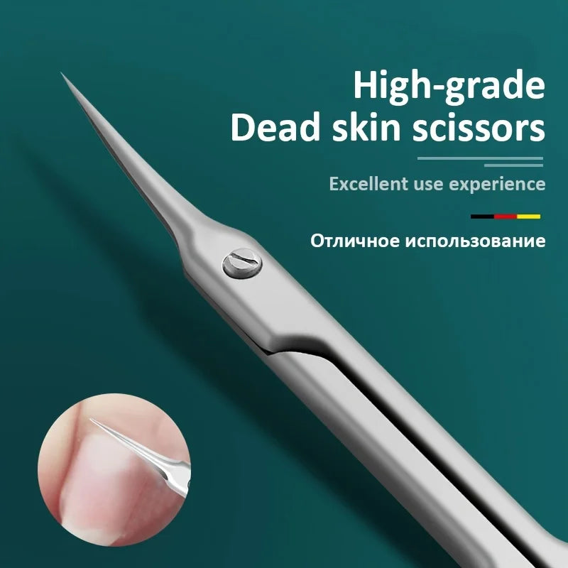 A pair of high-grade stainless steel dead skin scissors shown with a close-up of the scissor tip.