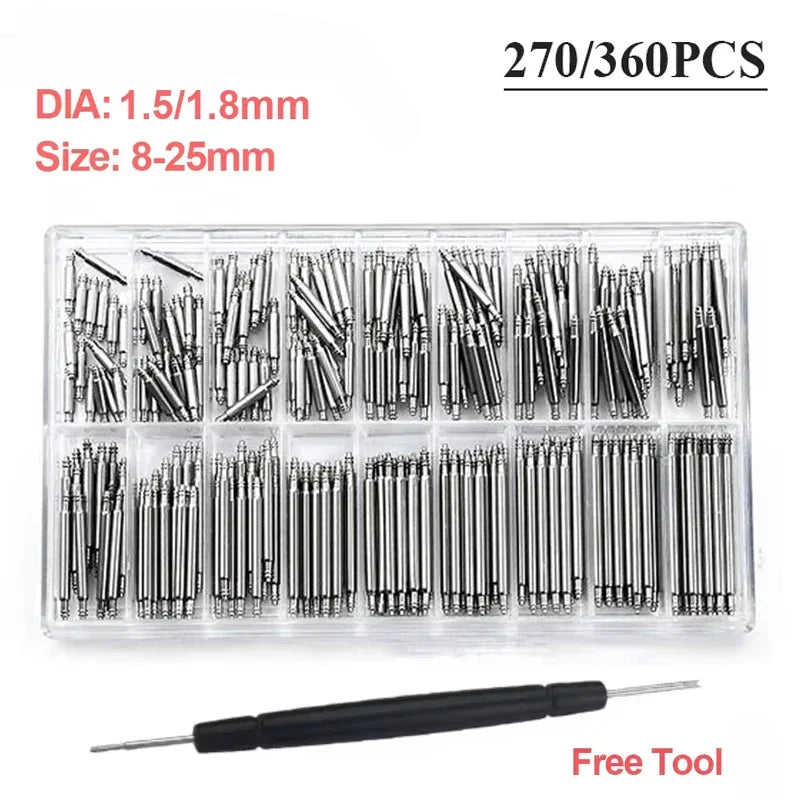 A clear plastic tray containing 270 to 360 stainless steel watch repair pins and spring bars with a free tool.