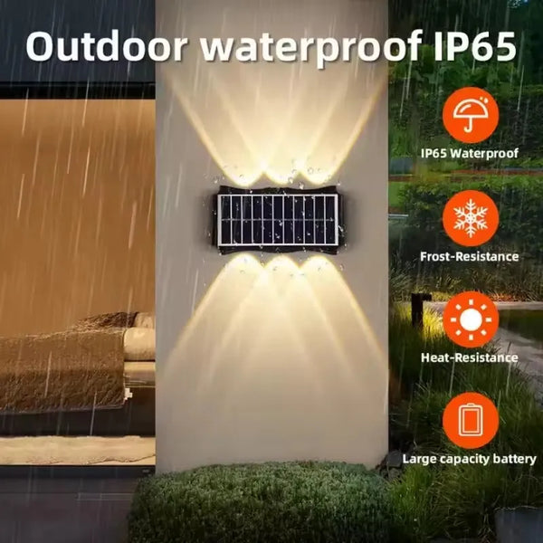 Outdoor waterproof IP65 solar wall light with LED illumination and battery features