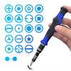 A precision screwdriver set with a blue handle and various screwdriver bits is shown against a white background.