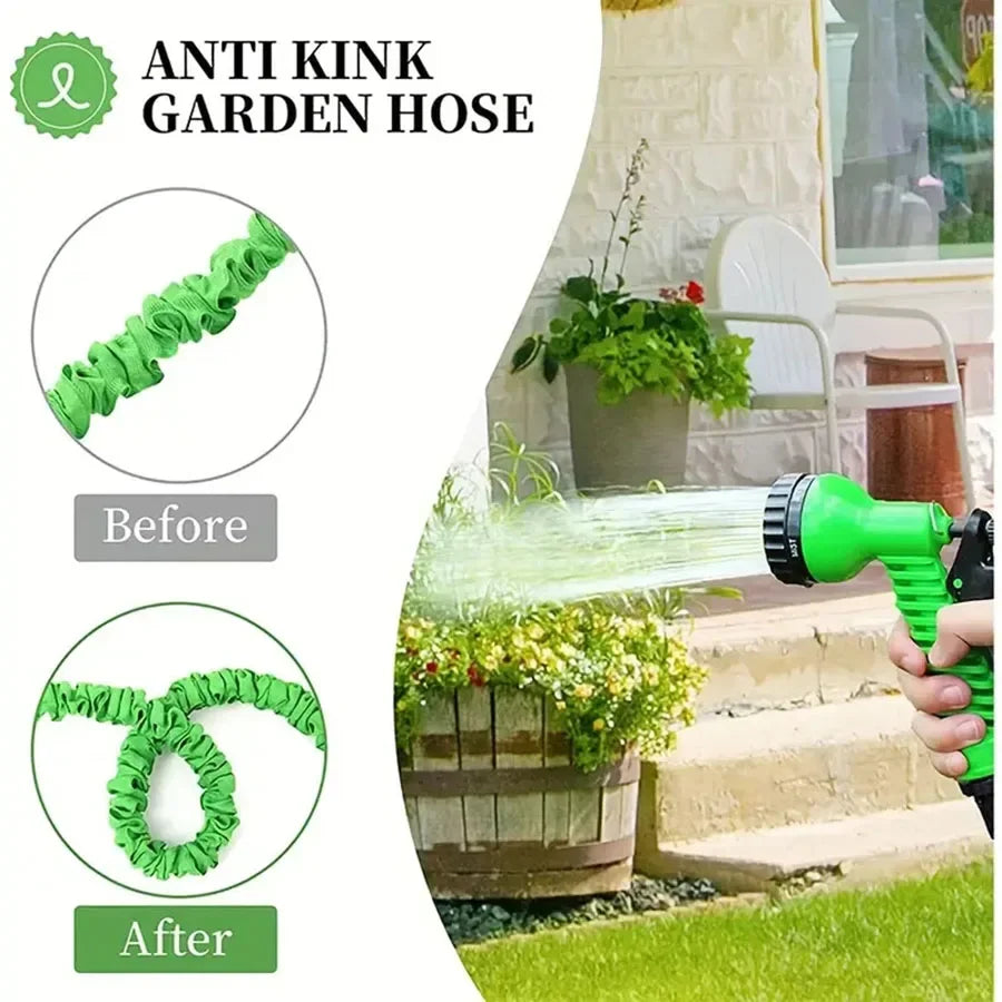 Vorher-Nachher-Vergleich: Anti-Knick-Gartenschlauch entfernt Knicke aus einem grünen Gartenschlauch.