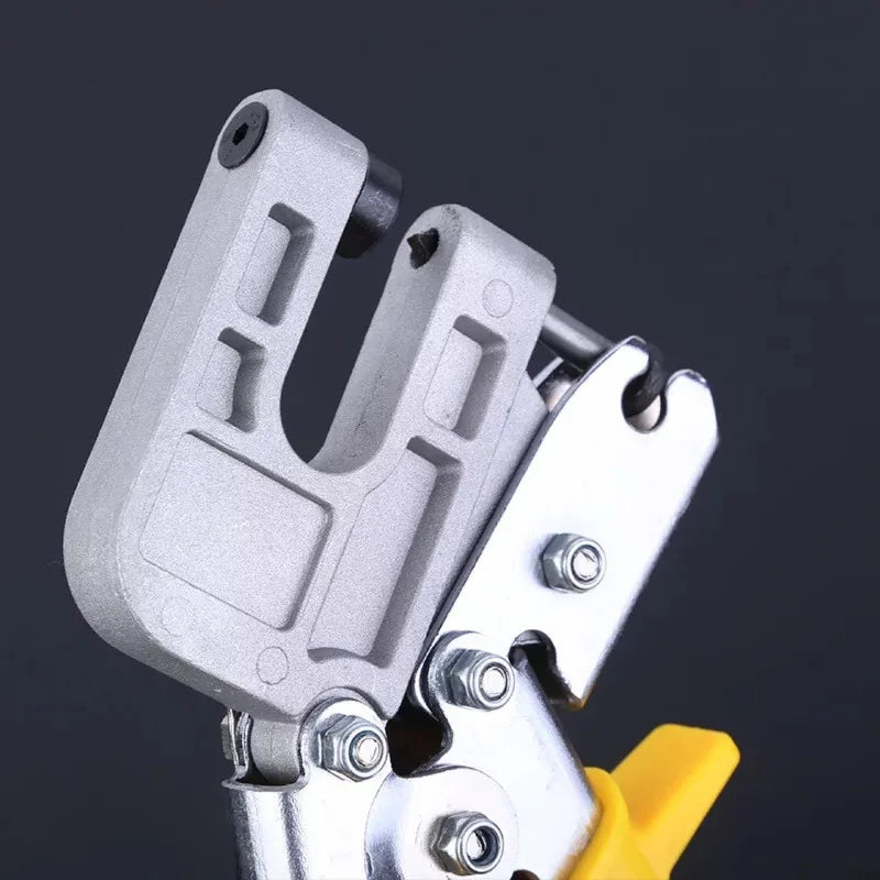A close-up view of a gray heavy-duty aluminum stud crimper tool.
