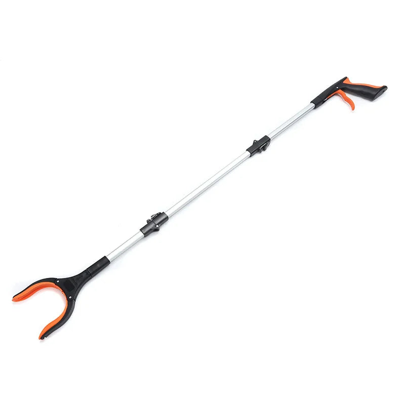 An extra long foldable reaching grabber tool with an orange handle and silver shaft.