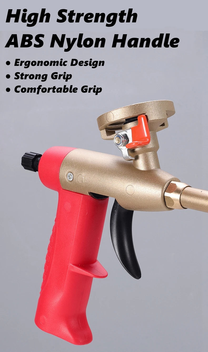 A close-up view of a professional PU foam sealant spray gun with a gold handle and red grip.