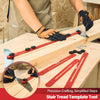 A hand is using a red metal stair tread template tool to craft wood, showing various precision cutting templates.
