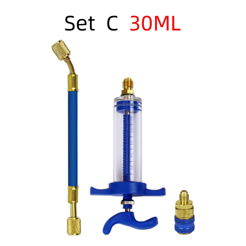 Set C 30ML precision oil and dye injector kit for HVAC systems featuring a glass syringe and metal components