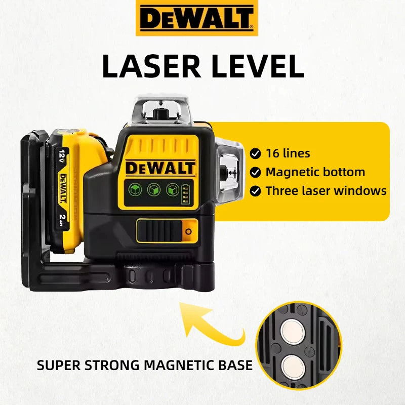 A yellow and black DEWALT laser level tool with a magnetic base and three laser windows.