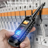 A hand holds a professional AC voltage detection pen with a blue light display against a gray background.