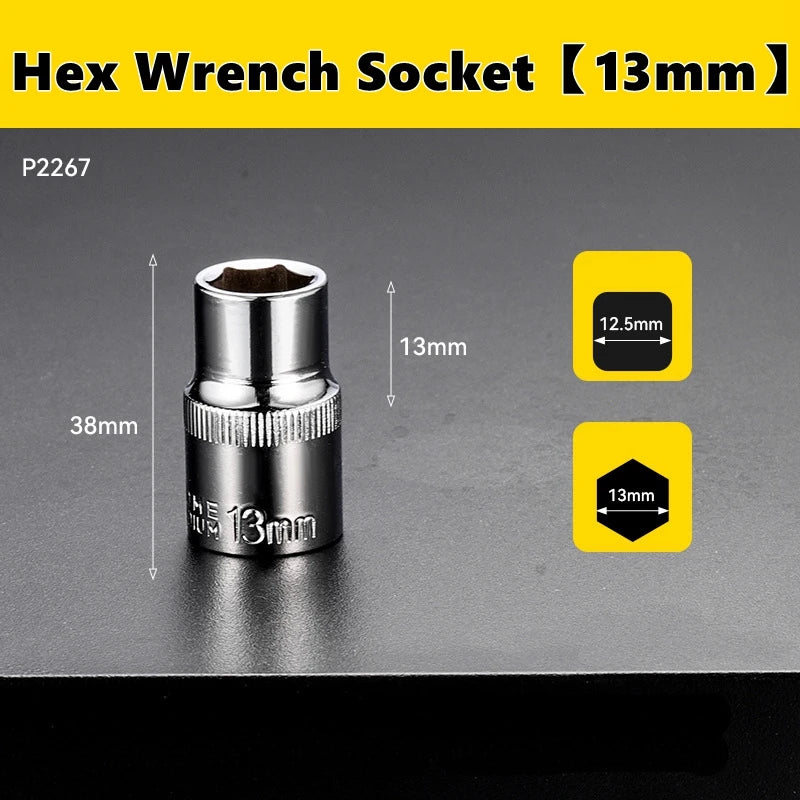 A silver hex wrench socket with a 13mm drive and a 12.5mm square drive is shown against a dark background.