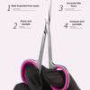 A pair of professional stainless steel nail cuticle trimmers held by a gloved hand, highlighting features like durability and