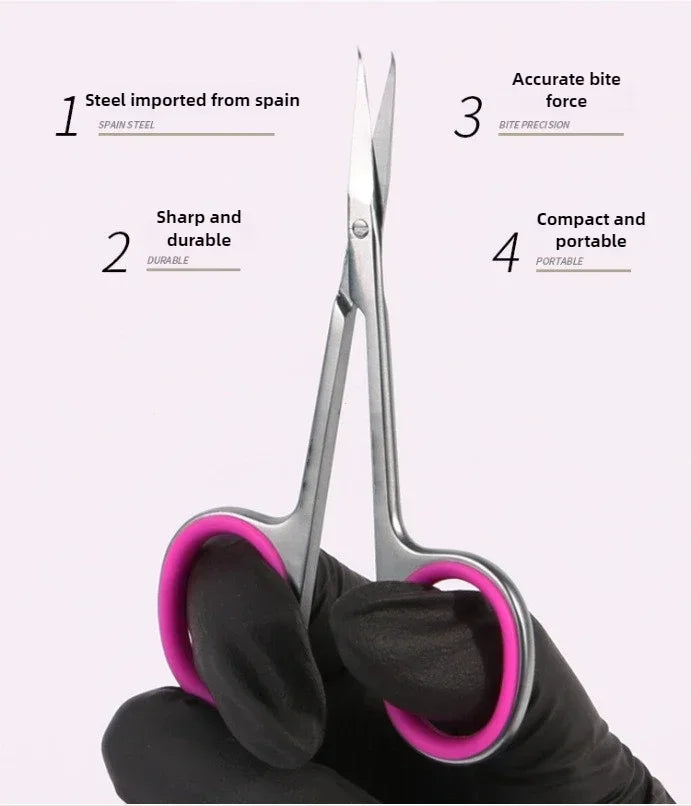 A pair of professional stainless steel nail cuticle trimmers held by a gloved hand, highlighting features like durability and