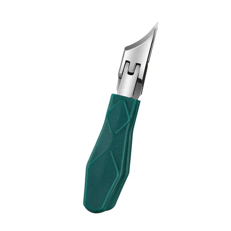 Une pince à ongles et tondeuse professionnelle en acier inoxydable avec une poignée vert foncé.