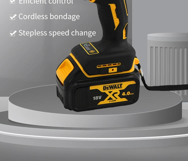 A black and yellow DEWALT XR 4.0Ah cordless power tool is shown with features listed, resting on a gray surface.