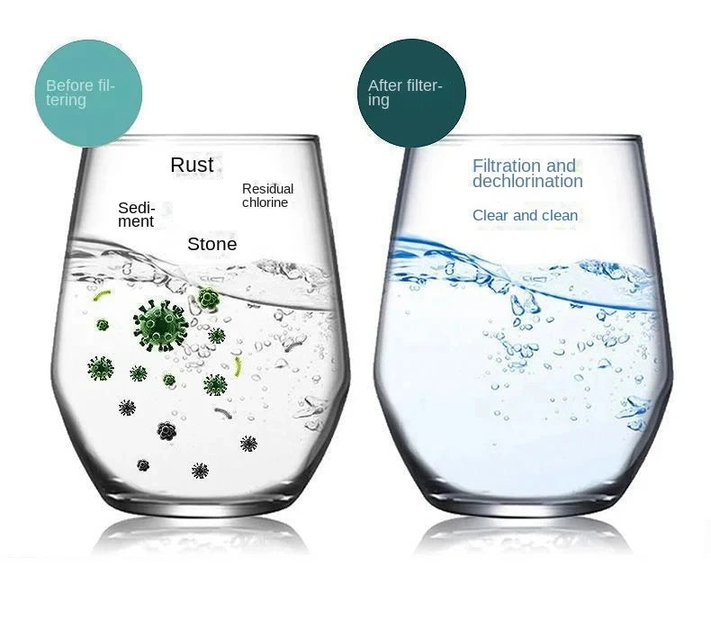 Comparison of water before and after filtration using a dual cartridge filter, showing reduced rust and clearer water.