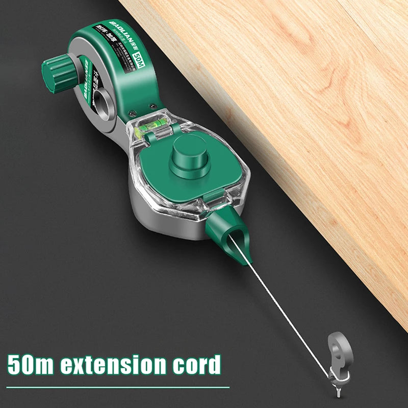 A green professional woodworking ink marker scriber with a 50m extension cord resting on a wooden surface.