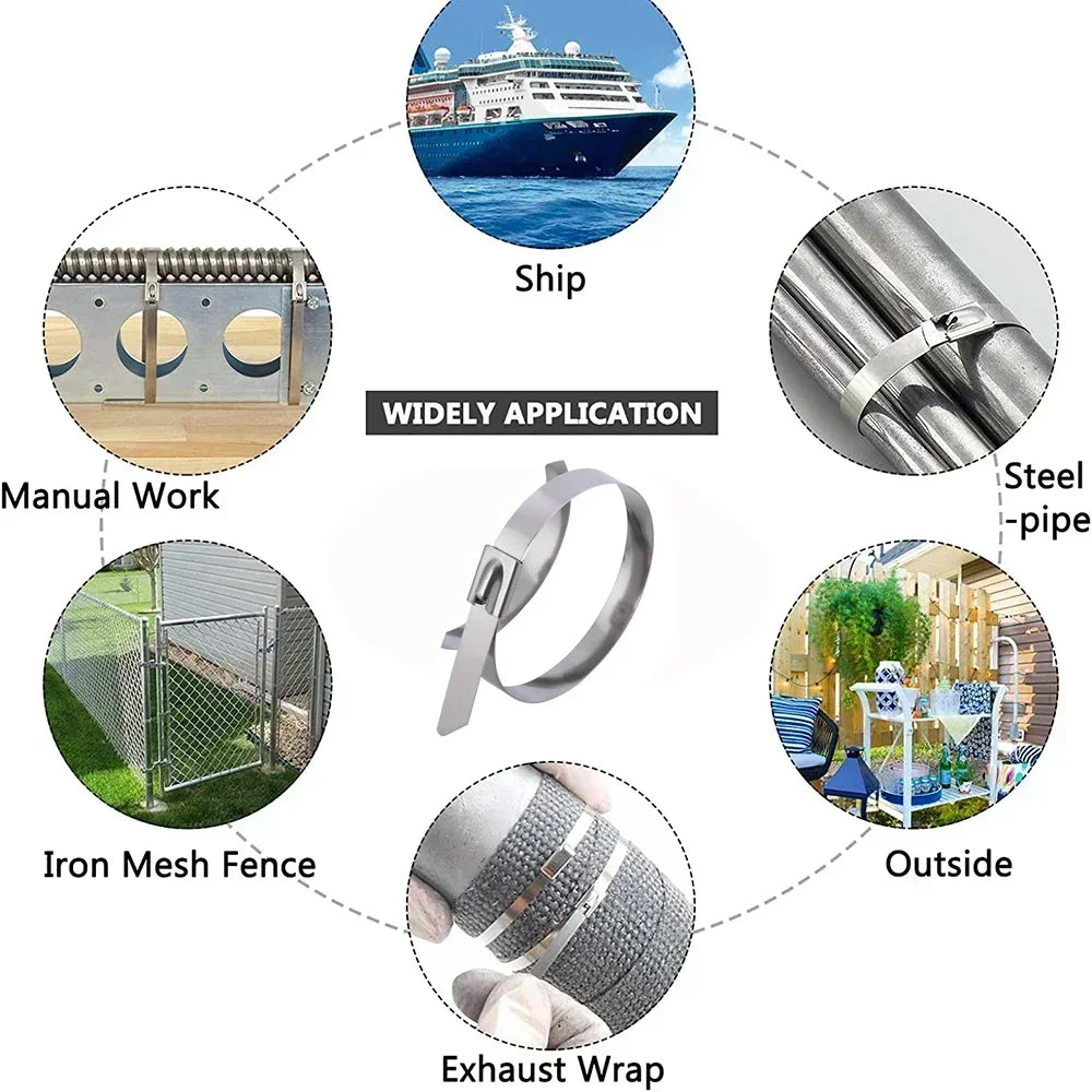 Various applications of heavy duty stainless steel cable ties including ship maintenance, manual work, iron mesh fencing, and