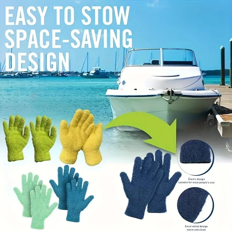 A set of various colored stretchable microfiber dusting gloves shown next to a white boat on the water.