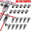 A collection of T1 and T2 wire tap connectors for quick solderless wiring, showing various sizes and quantities.