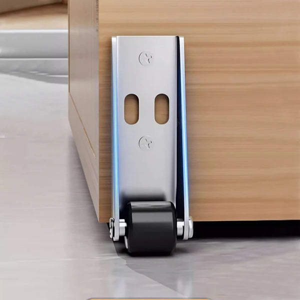 A close-up view of a heavy-duty silent furniture caster with a silver body and black wheel, positioned against a wooden cabin