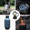 A propane tank pressure gauge is shown next to a grill and a black metal tank.