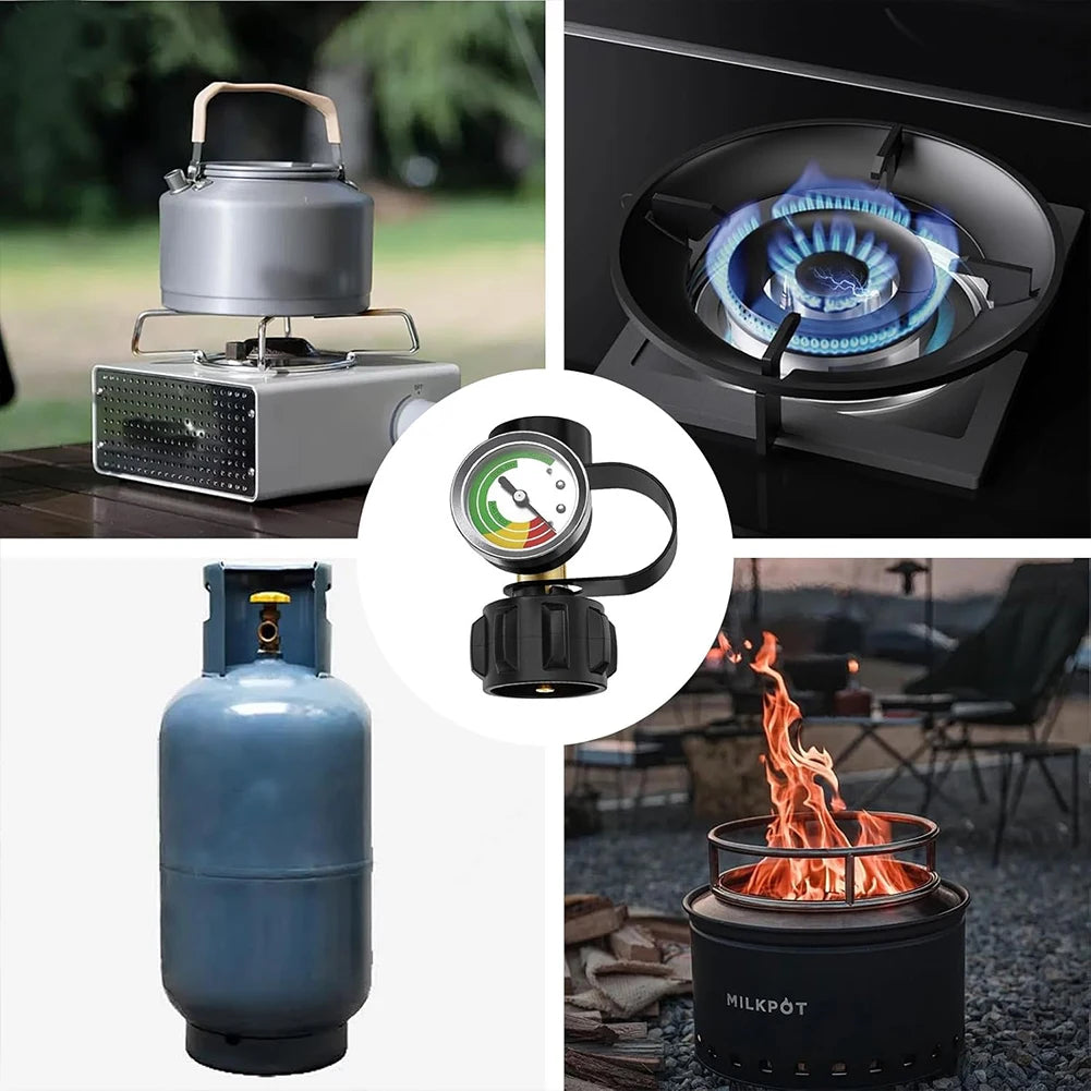 A propane tank pressure gauge is shown next to a grill and a black metal tank.
