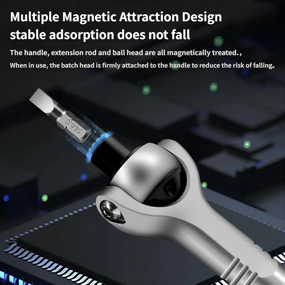 A close-up view of a silver magnetic ratchet screwdriver set with a handle and extension rod resting on a dark surface.