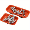 An orange magnetic parts tray filled with various screws, nuts, and bolts.
