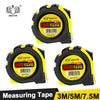 Yellow and black measuring tape product with various lengths including 3m, 5m, and 7.5m options