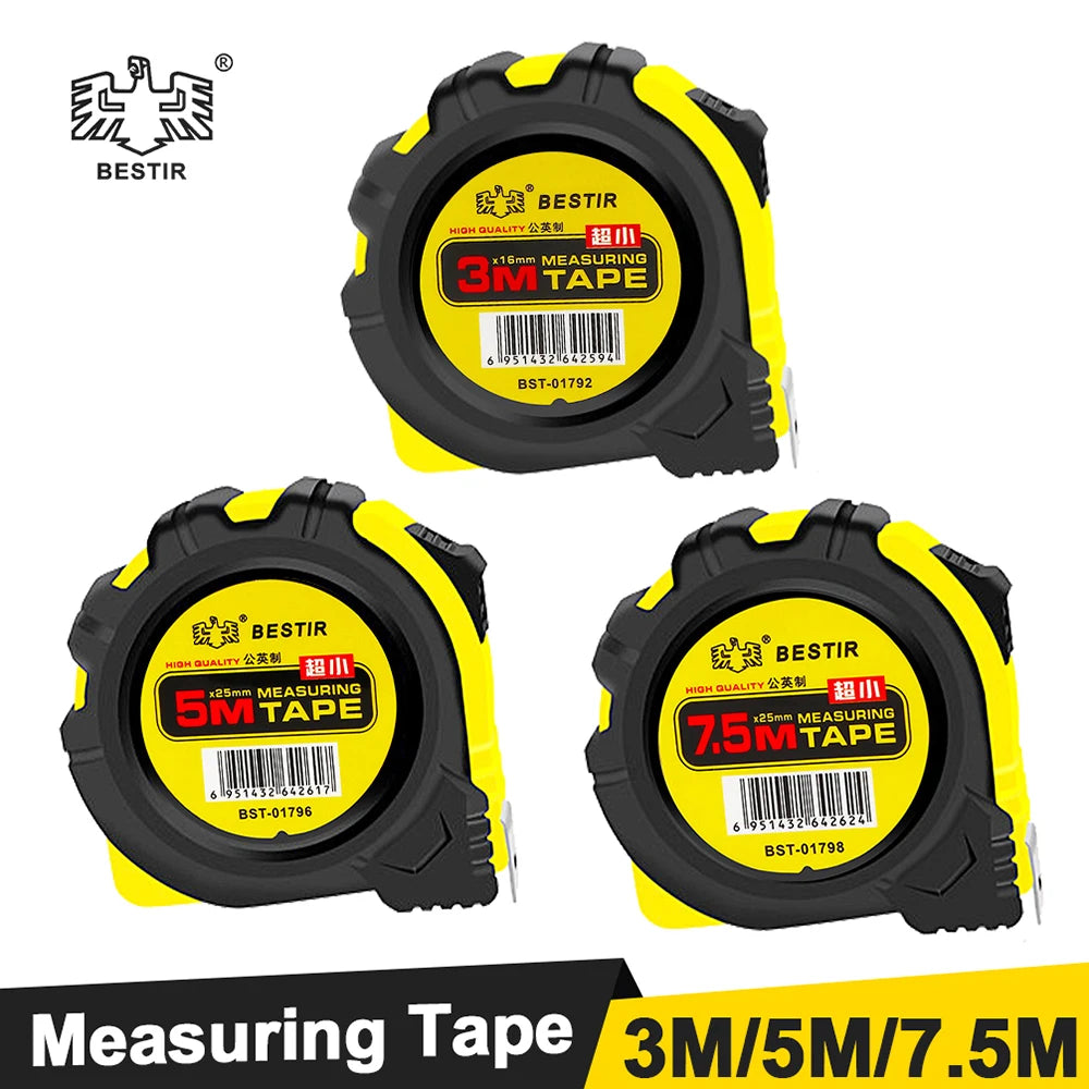 Yellow and black measuring tape product with various lengths including 3m, 5m, and 7.5m options